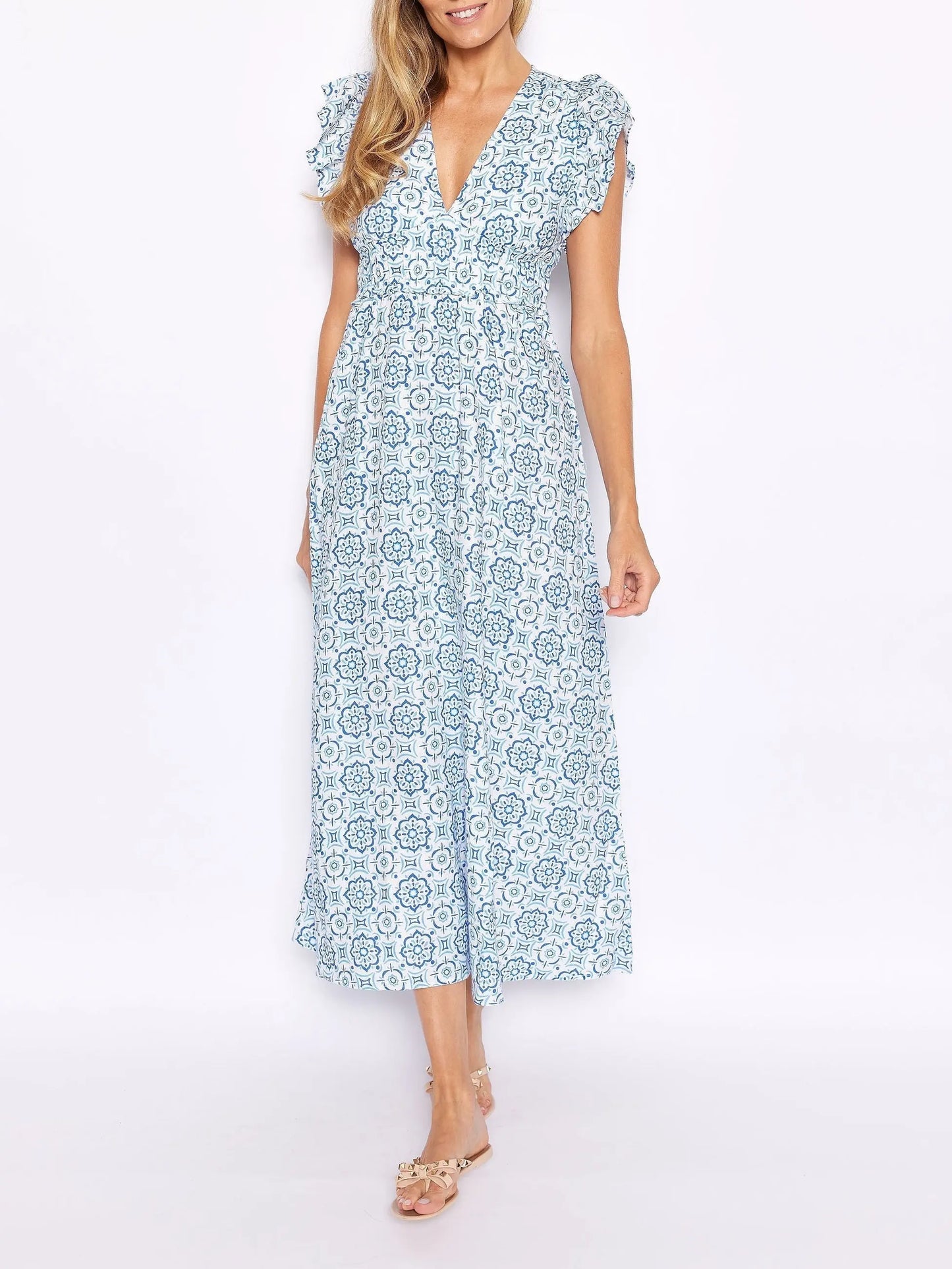 Blue Medallion V-Neck Flutter Sleeve Maxi Dress FashFizz