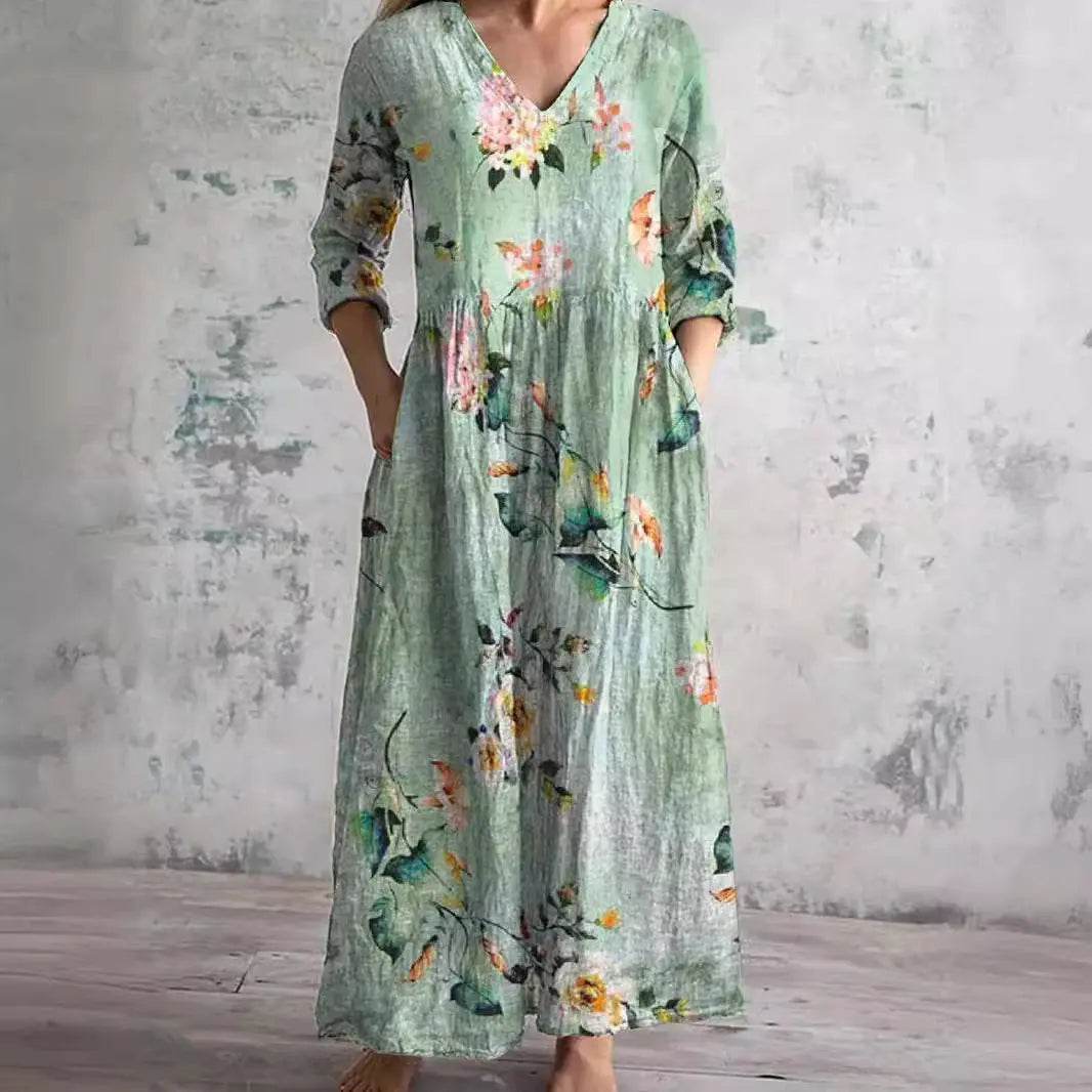 Auréa™ | Summer V-Neck Dress with Floral Elegance FashFizz