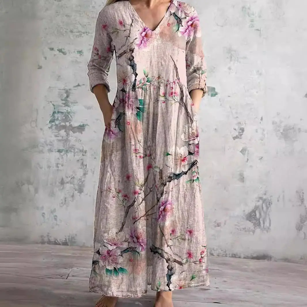 Auréa™ | Summer V-Neck Dress with Floral Elegance FashFizz