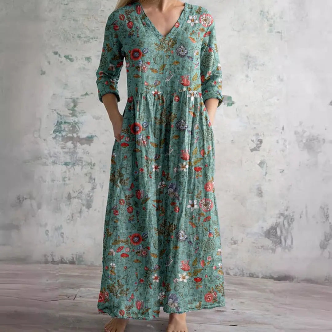 Auréa™ | Summer V-Neck Dress with Floral Elegance FashFizz