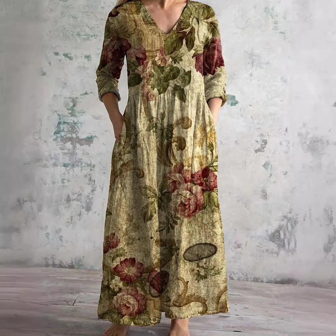 Auréa™ | Summer V-Neck Dress with Floral Elegance FashFizz