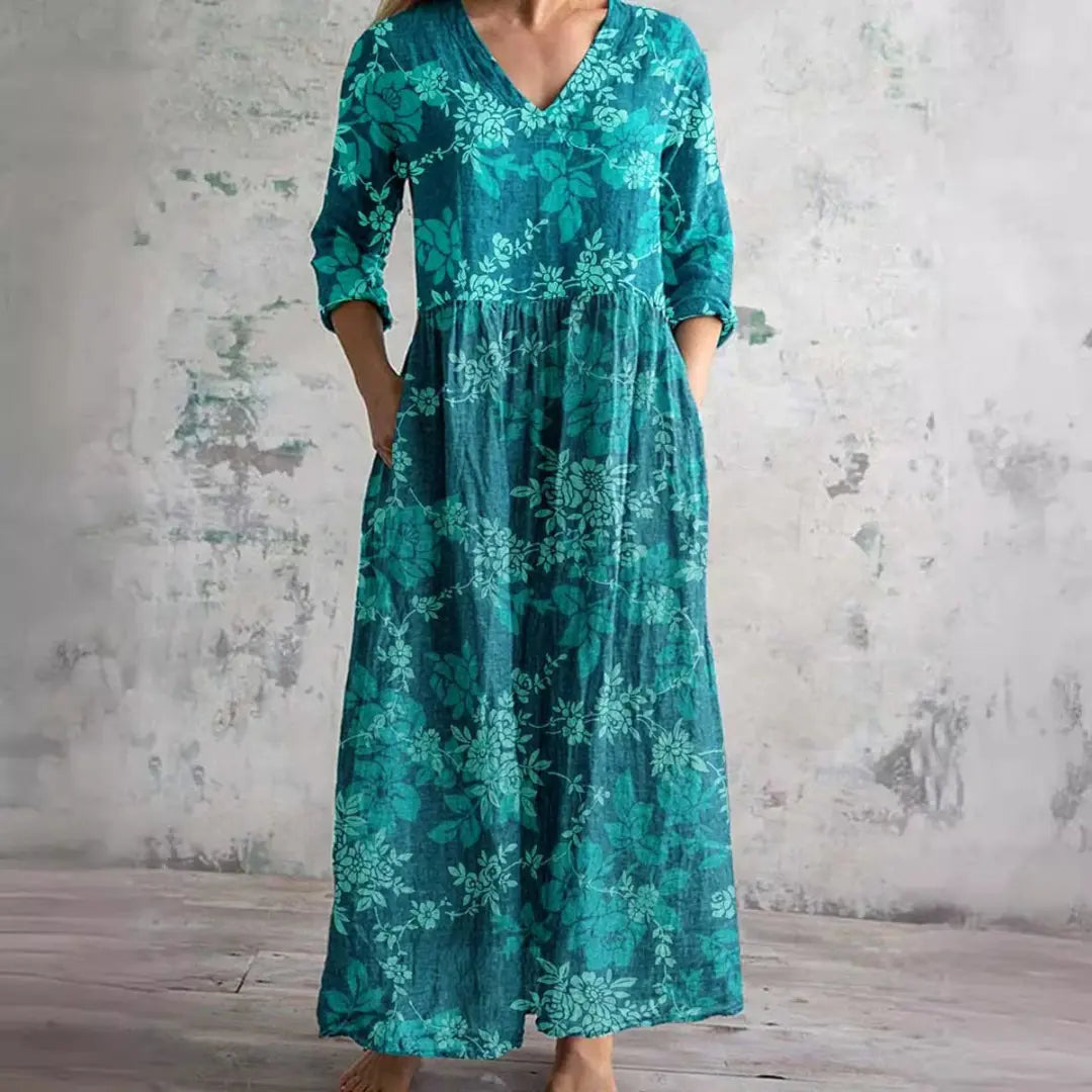 Auréa™ | Summer V-Neck Dress with Floral Elegance FashFizz