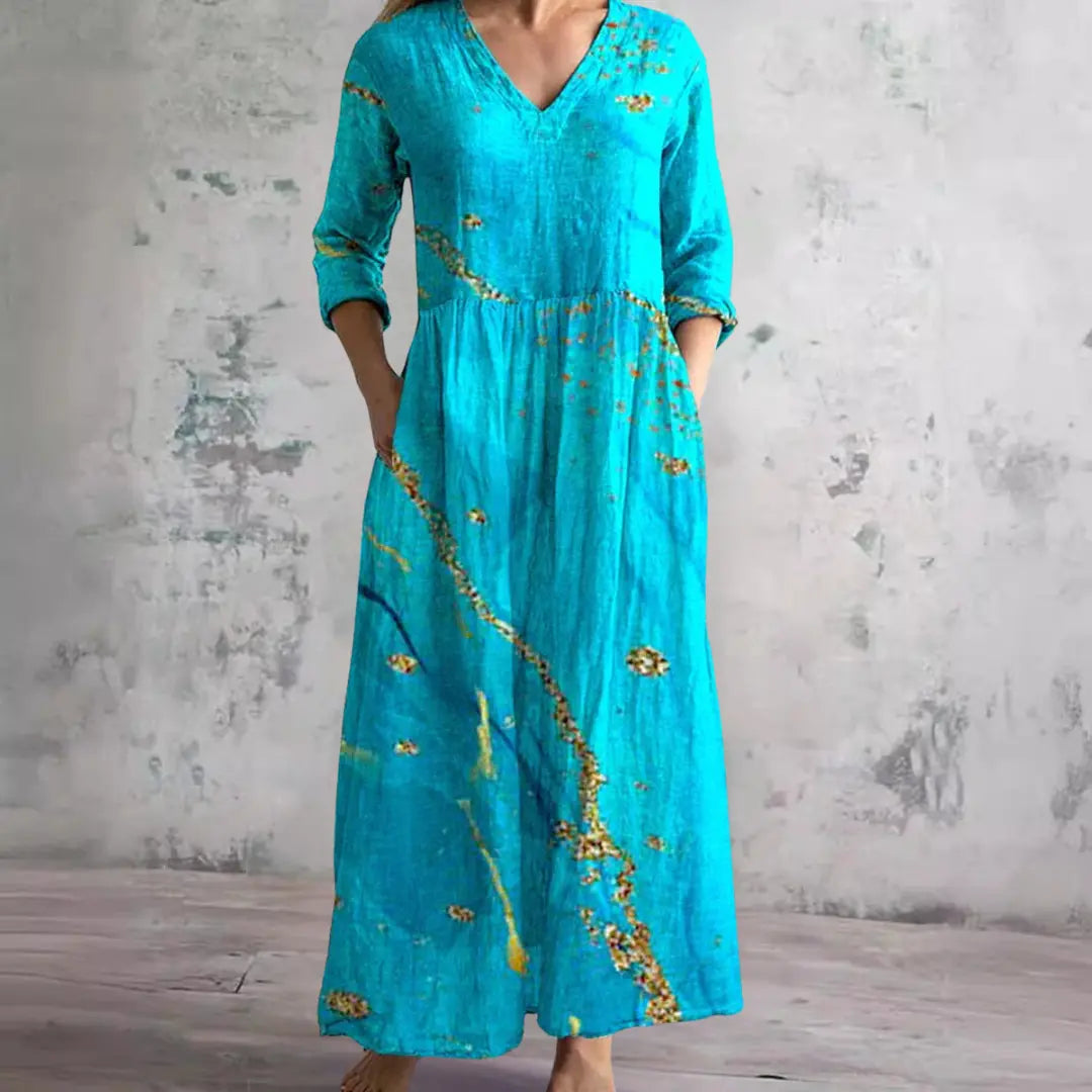 Auréa™ | Summer V-Neck Dress with Floral Elegance FashFizz
