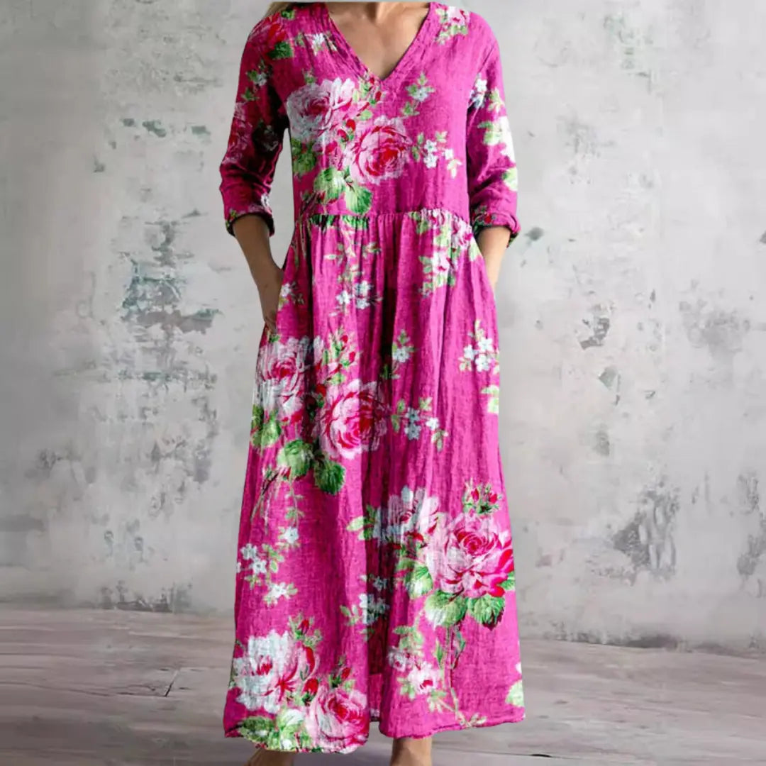 Auréa™ | Summer V-Neck Dress with Floral Elegance FashFizz