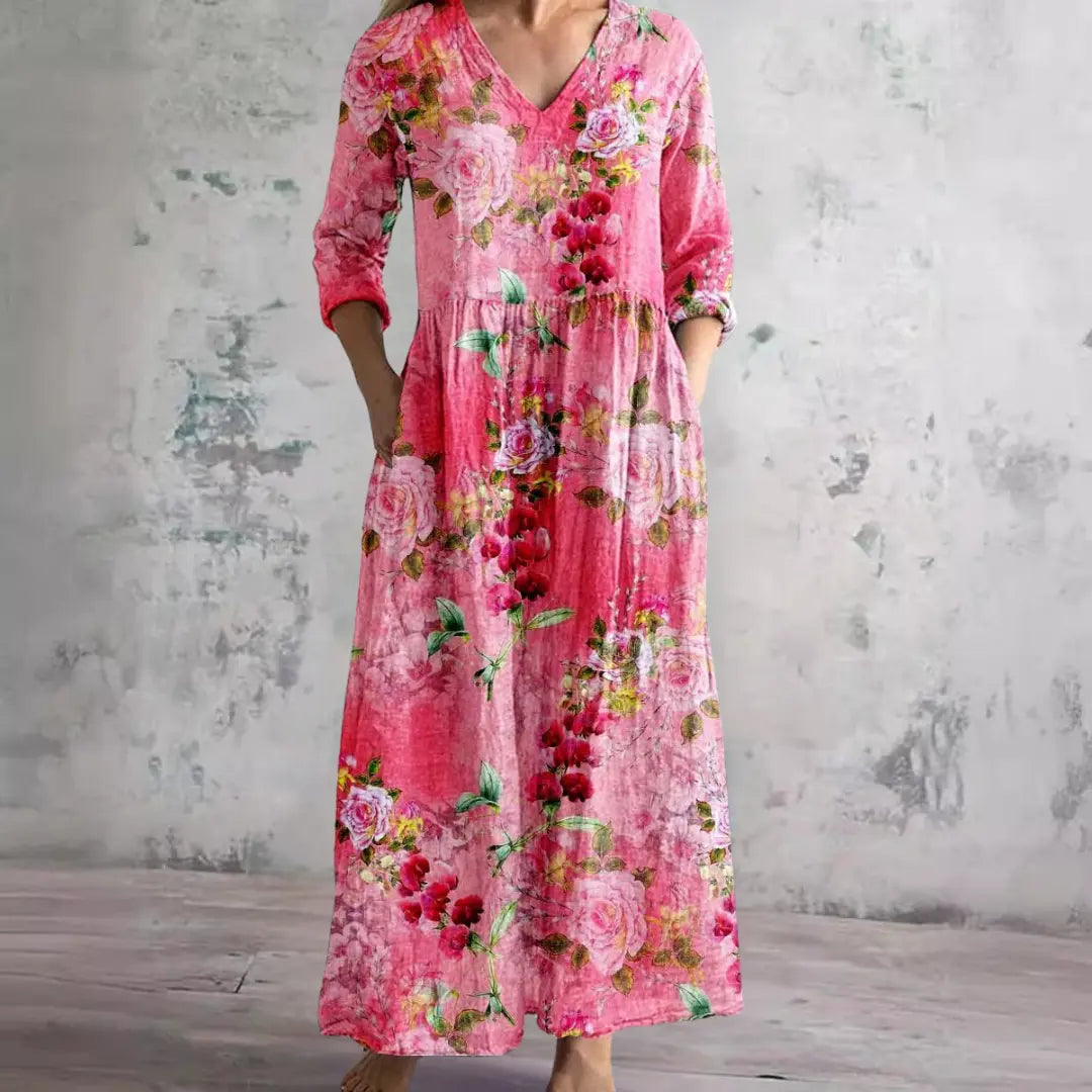 Auréa™ | Summer V-Neck Dress with Floral Elegance FashFizz