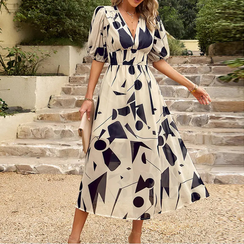 Women's Floral Midi Dress With Elastic Waist FashFizz