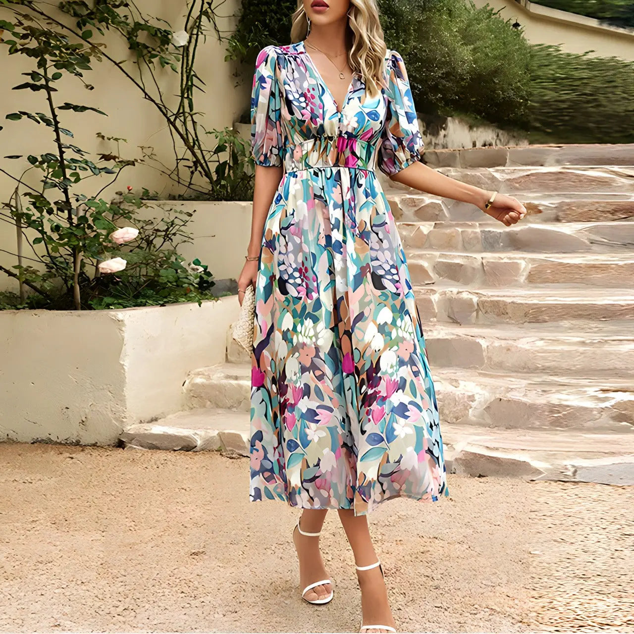 Women's Floral Midi Dress With Elastic Waist FashFizz