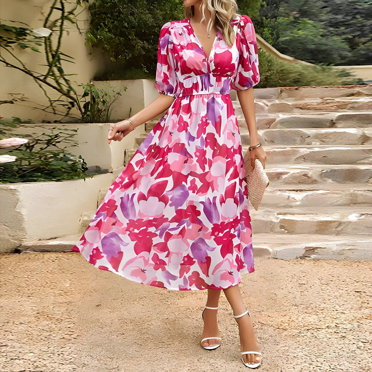Women's Floral Midi Dress With Elastic Waist FashFizz
