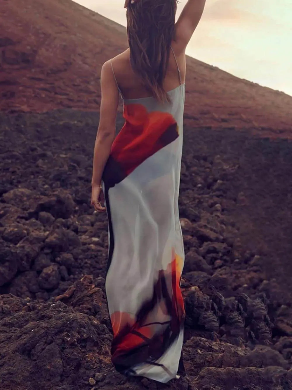 Abstract Tulip Print Vacation Slip H-Line Maxi Dress FashFizz