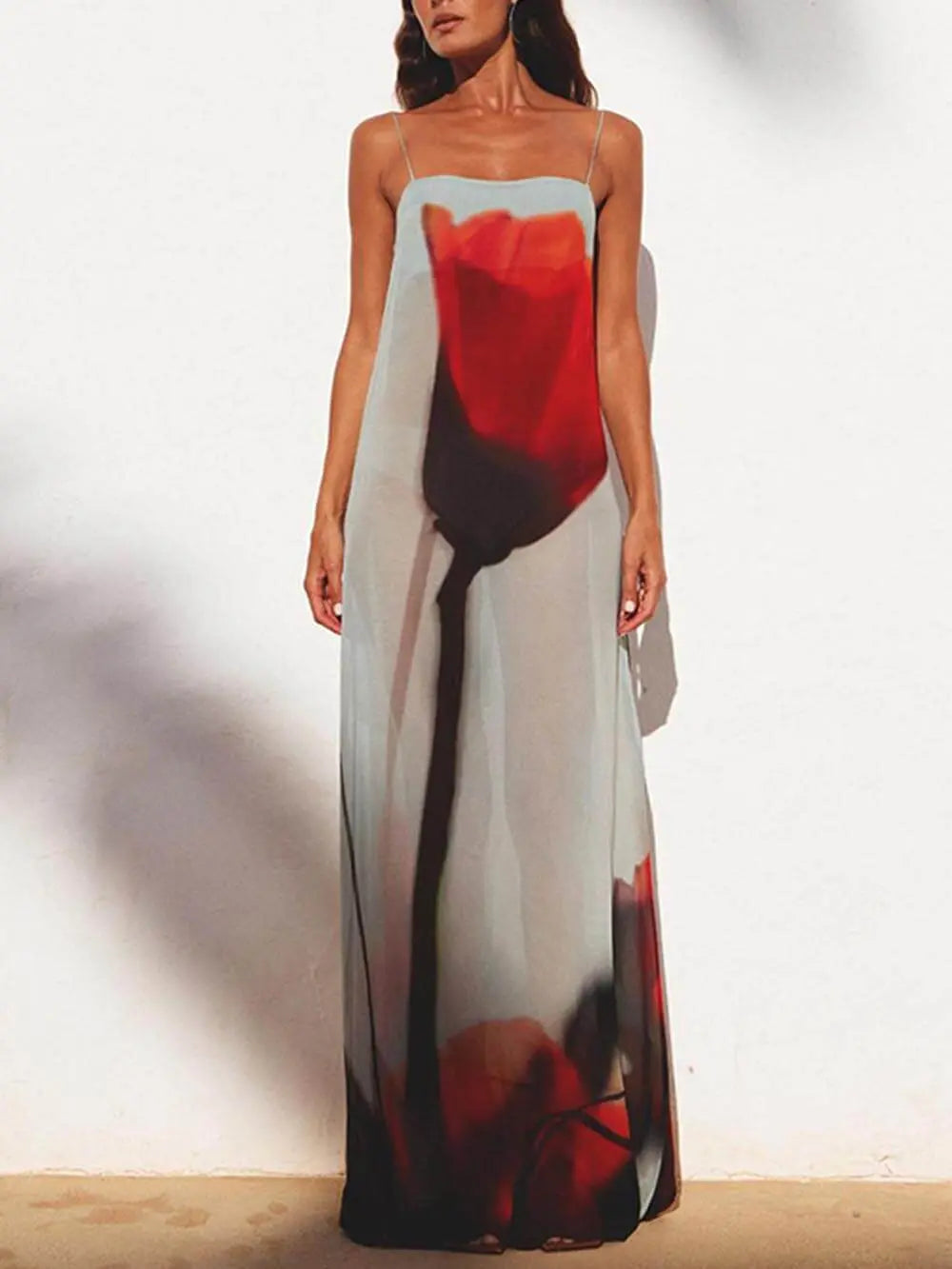 Abstract Tulip Print Vacation Slip H-Line Maxi Dress FashFizz