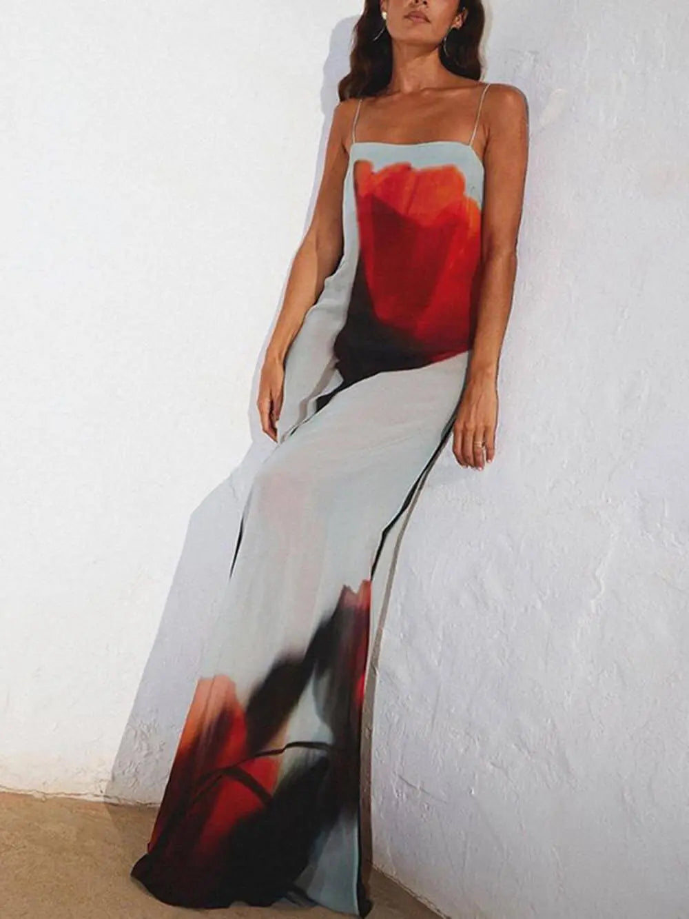 Abstract Tulip Print Vacation Slip H-Line Maxi Dress FashFizz