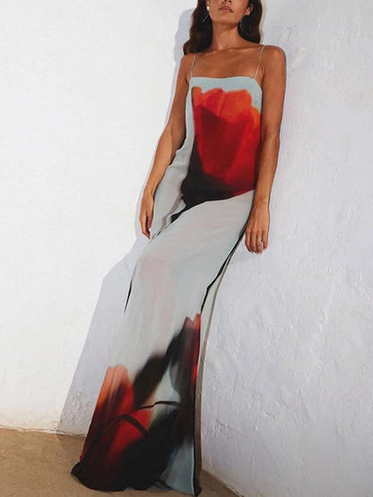 Abstract Tulip Print Vacation Slip H-Line Maxi Dress FashFizz