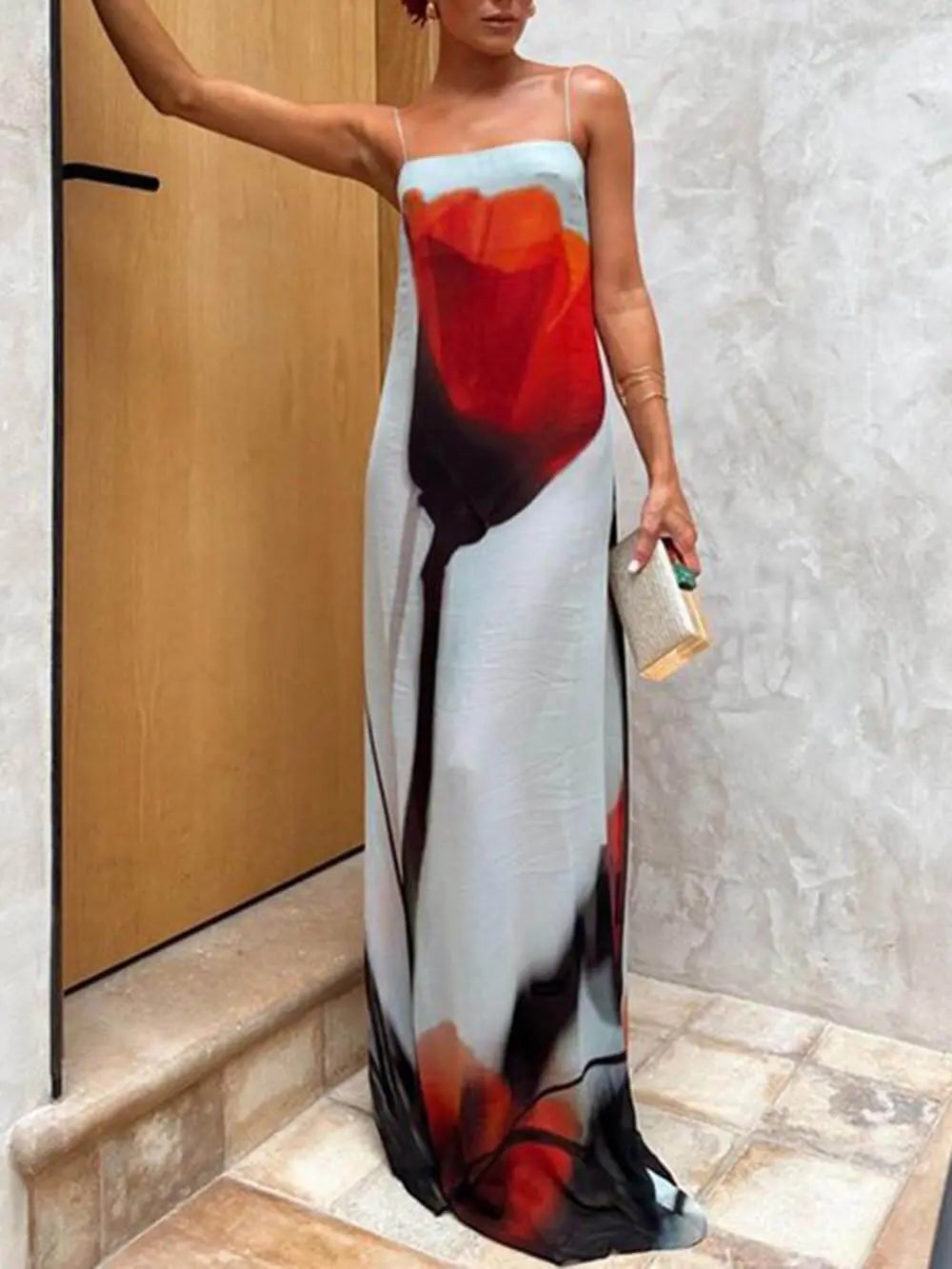 Abstract Tulip Print Vacation Slip H-Line Maxi Dress FashFizz