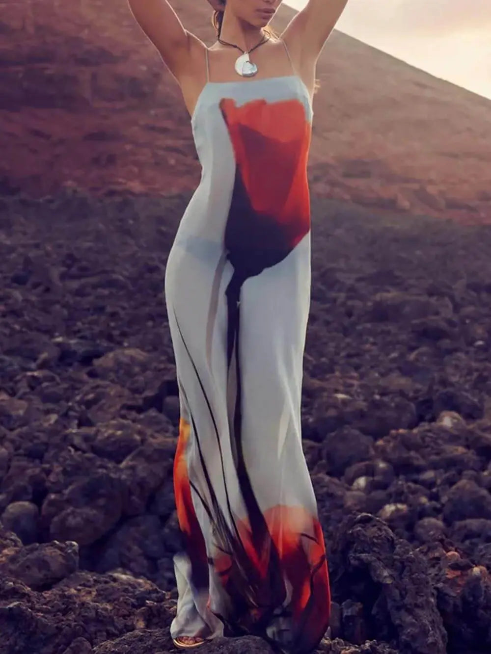 Abstract Tulip Print Vacation Slip H-Line Maxi Dress FashFizz