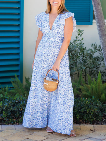 Blue Medallion V-Neck Flutter Sleeve Maxi Dress FashFizz