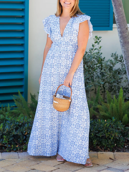 Blue Medallion V-Neck Flutter Sleeve Maxi Dress FashFizz
