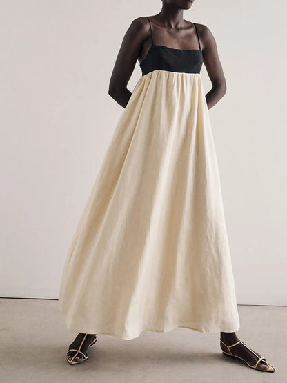 Black And White Loose Suspender Patchwork Maxi Dress FashFizz