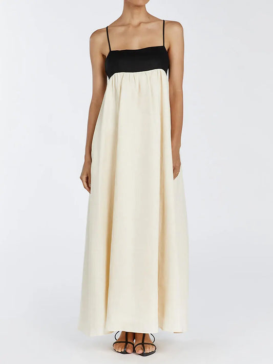 Black And White Loose Suspender Patchwork Maxi Dress FashFizz
