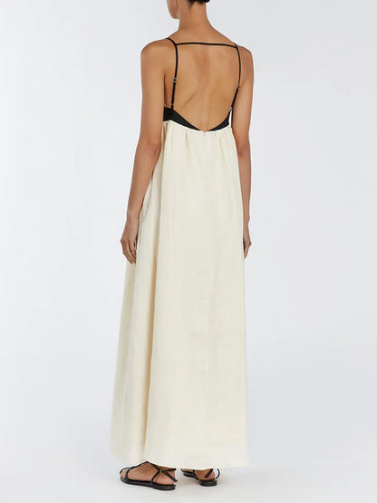 Black And White Loose Suspender Patchwork Maxi Dress FashFizz