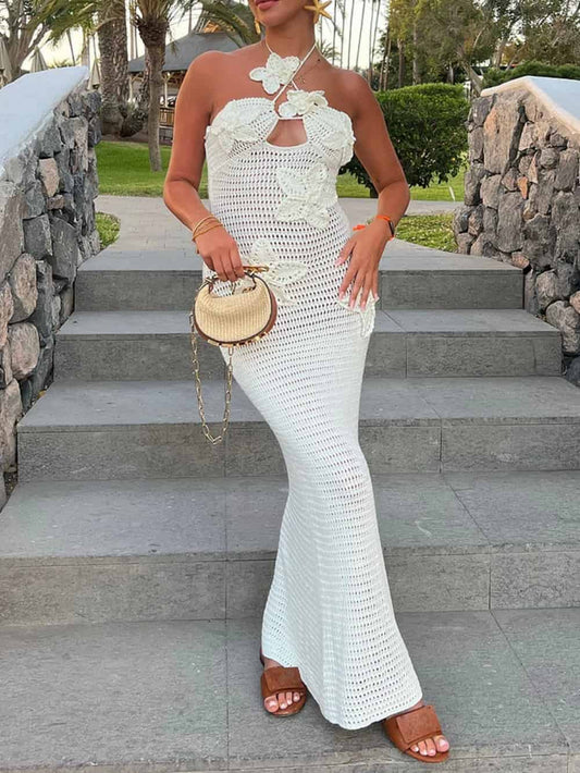 3D Flower Decor Halter Neck Bodycon Crochet Maxi Dresses FashFizz