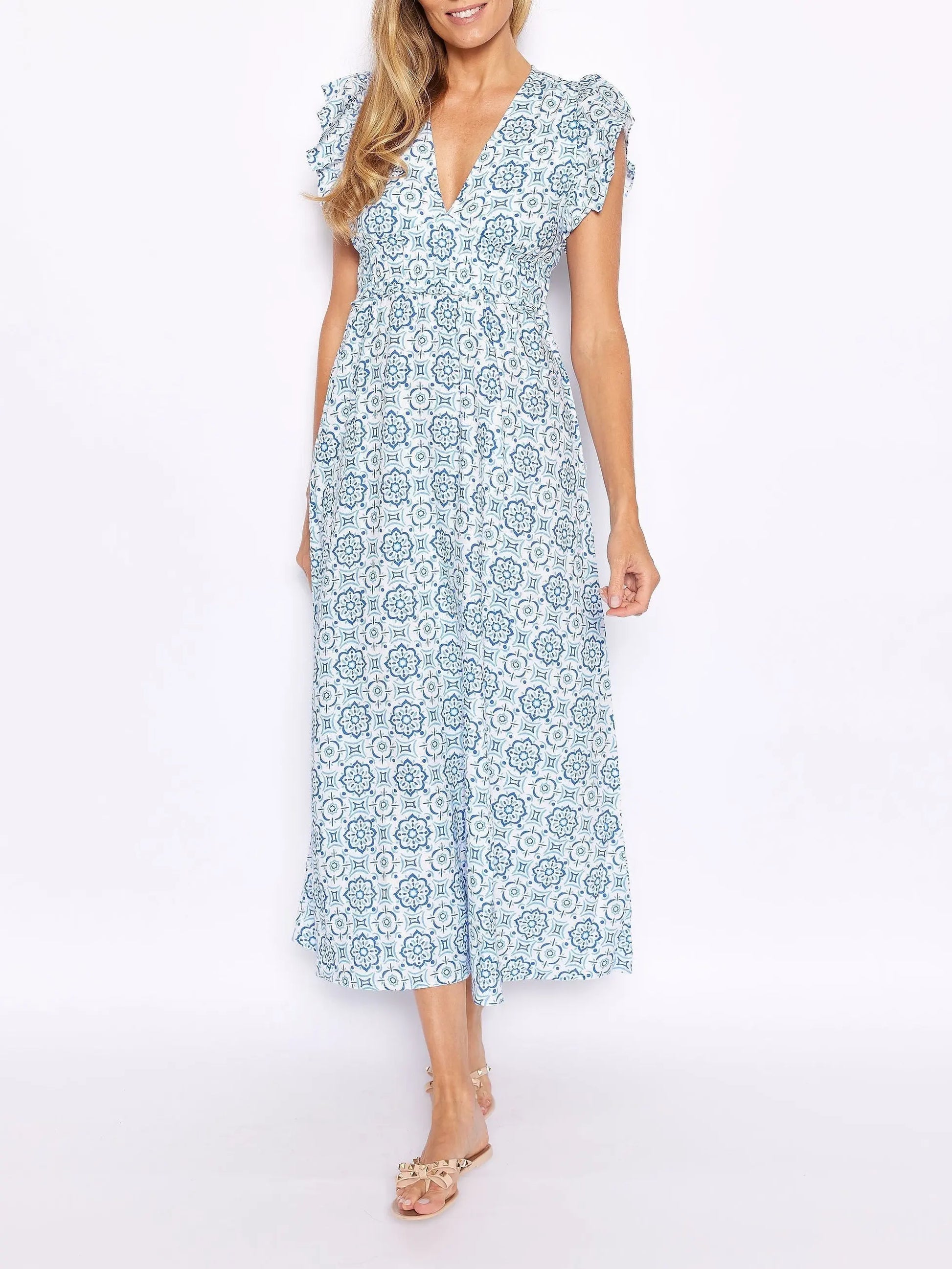 Blue Medallion V-Neck Flutter Sleeve Maxi Dress FashFizz