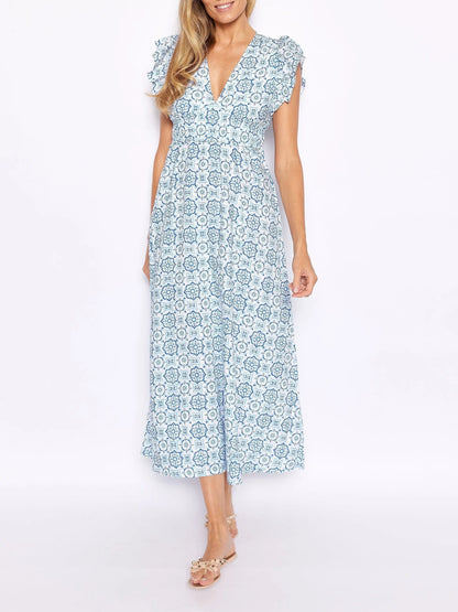 Blue Medallion V-Neck Flutter Sleeve Maxi Dress FashFizz