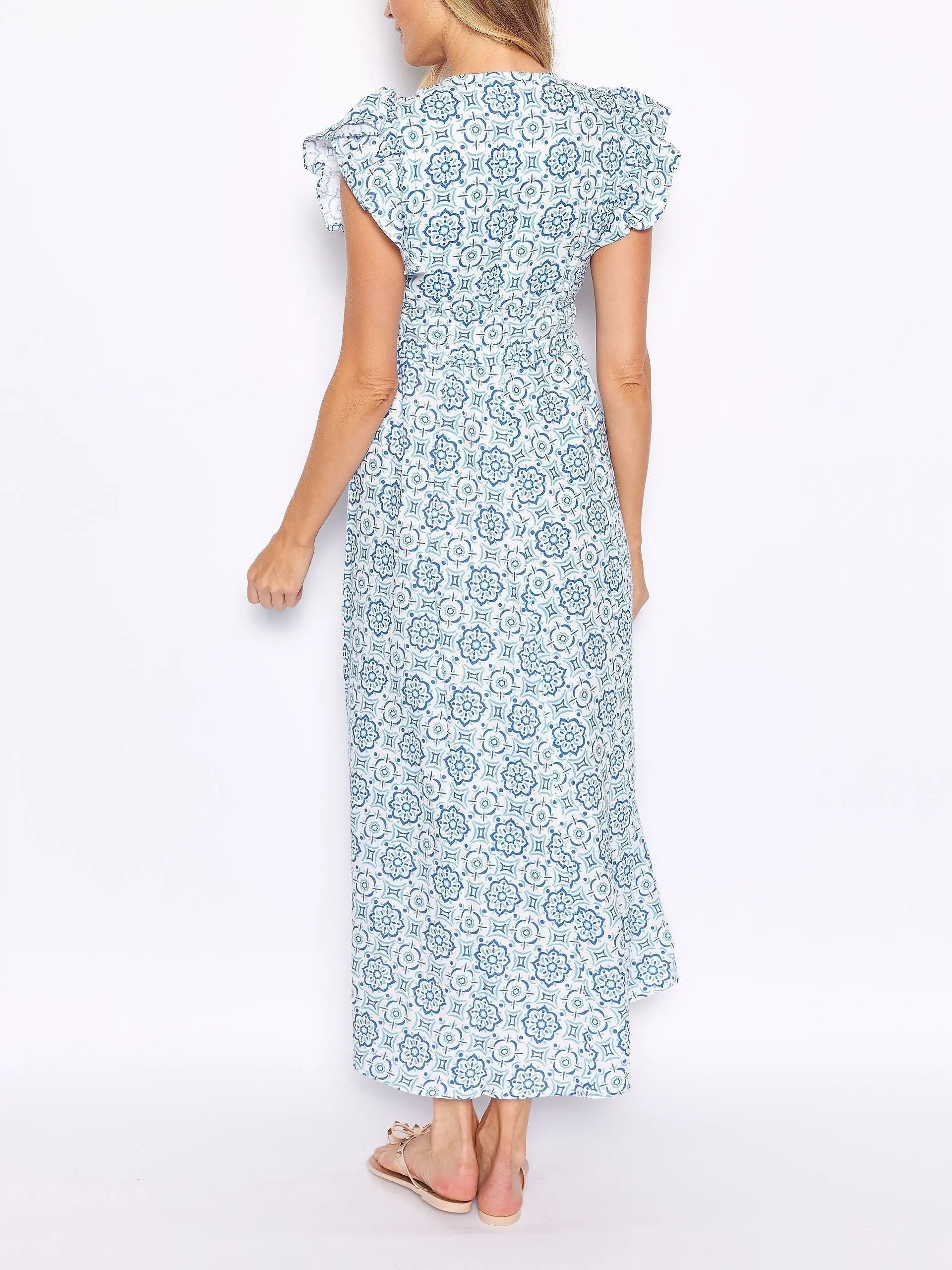 Blue Medallion V-Neck Flutter Sleeve Maxi Dress FashFizz