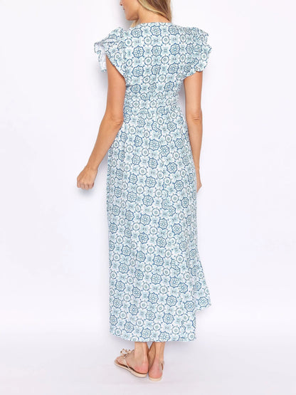 Blue Medallion V-Neck Flutter Sleeve Maxi Dress FashFizz