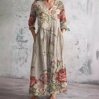 Auréa™ | Summer V-Neck Dress with Floral Elegance FashFizz