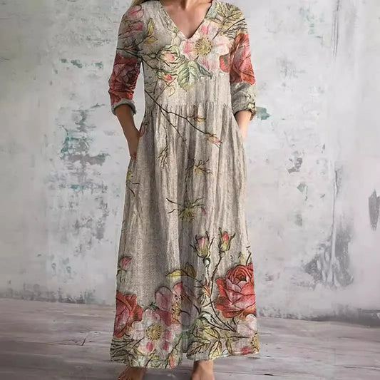 Auréa™ | Summer V-Neck Dress with Floral Elegance FashFizz