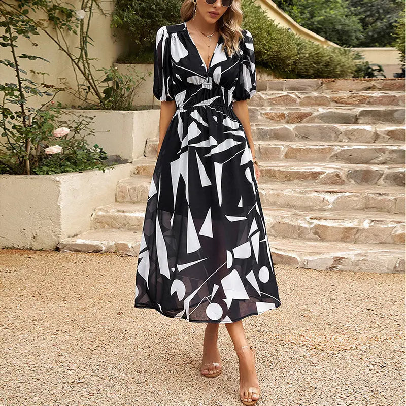 Women's Floral Midi Dress With Elastic Waist FashFizz