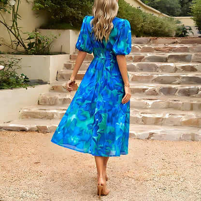 Women's Floral Midi Dress With Elastic Waist FashFizz