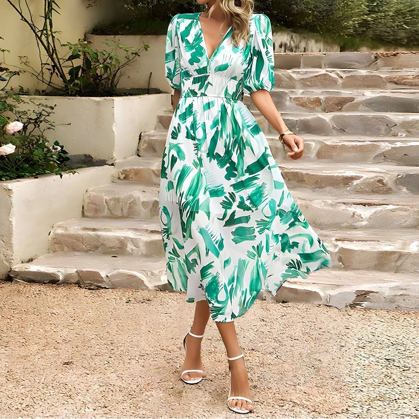 Women's Floral Midi Dress With Elastic Waist FashFizz