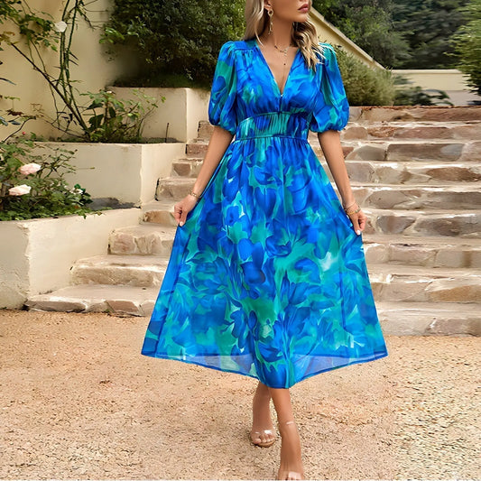 Women's Floral Midi Dress With Elastic Waist FashFizz