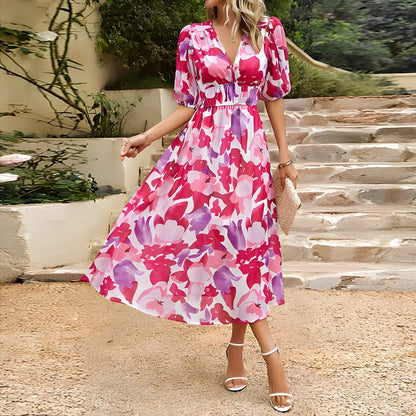 Women's Floral Midi Dress With Elastic Waist FashFizz